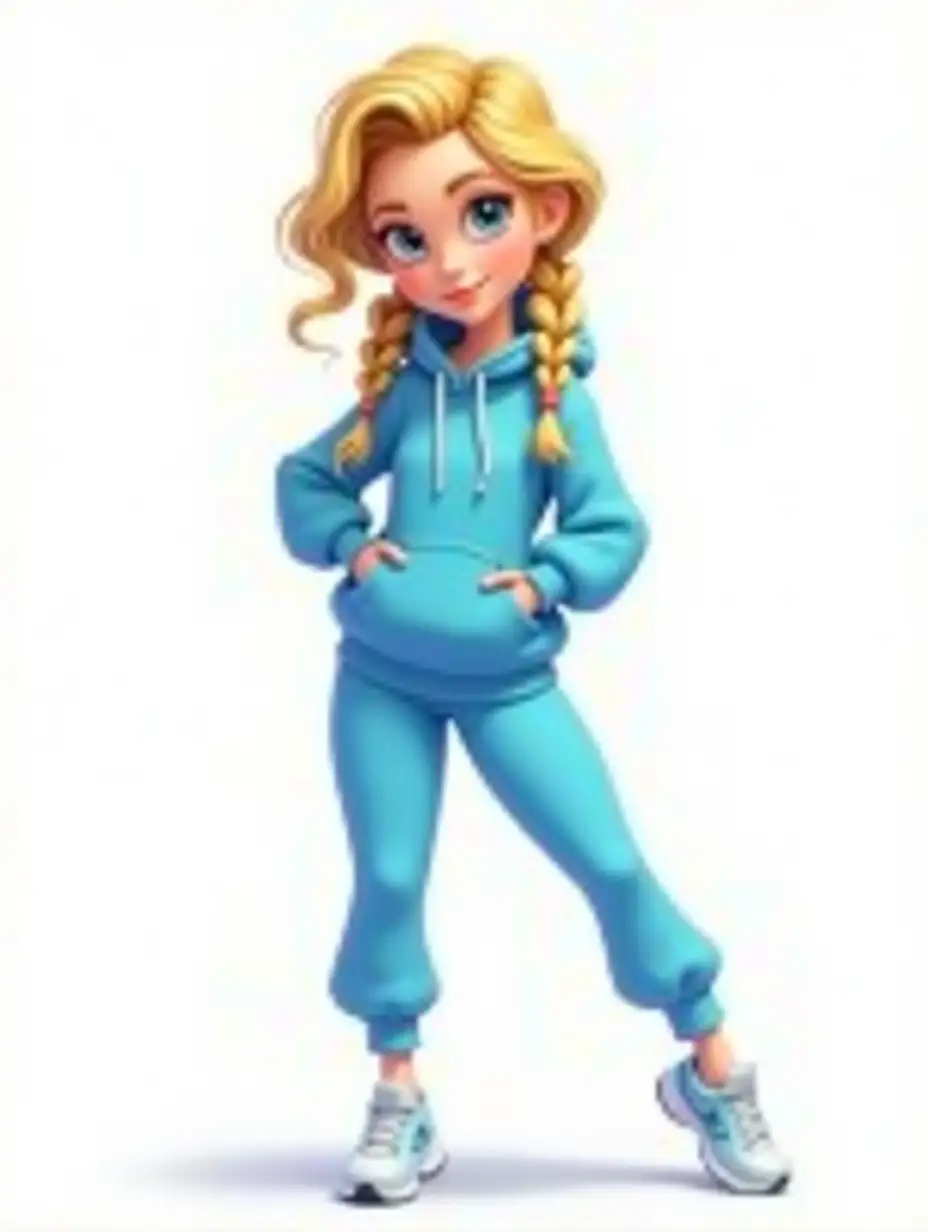 Stylish blonde cartoon heroine with voluminous wavy hair braided in braids decorated with highlights. She is wearing a bright blue hooded sweatshirt and joggers, sneakers. The character poses confidently. The background is pure white, which adds emphasis to her trendy outfit. Bright colors. Watercolor 3D. Oil painting. vertical format