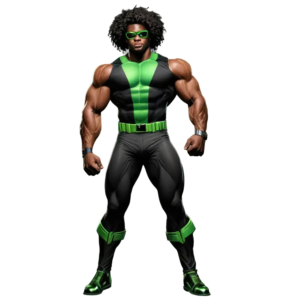 Big-Muscle-Black-Superhero-PNG-with-Afro-and-Green-Uniform-Full-Body-Comic-Book-Style