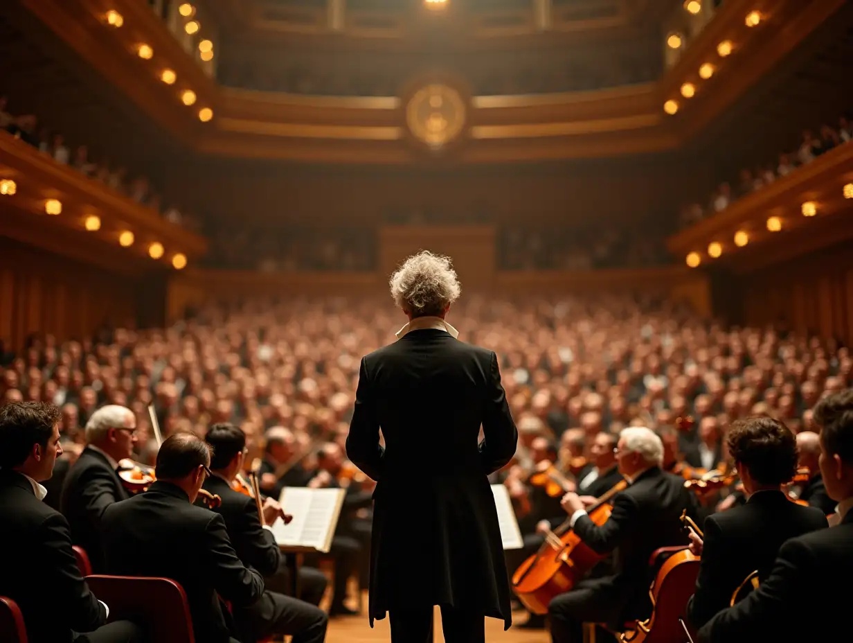 A grand concert hall, illuminated by warm light, with a large audience in anticipation. The orchestra is seated on a raised platform, their instruments gleaming in the spotlight. Ludwig van Beethoven stands in the center of the orchestra, his figure commanding the scene. He is dressed in a black suit and white cravat, his hair slightly disheveled with passion. His face is etched with concentration and determination as he conducts the opening movement of his iconic Symphony No. 5 in C Minor, Op. 67 - I. Allegro con brio. The orchestra is a vibrant tapestry of musicians, around 80 in total. Violins, cellos, violas, and double basses create a rich foundation, while the woodwinds - flutes, oboes, clarinets, and bassoons - add depth and complexity. The brass section, with their gleaming trumpets, trombones, and horns, punctuates the music with powerful blasts. The timpani player stands poised, ready to strike the drums with thunderous precision. The image should capture the energy and drama of the performance, the electrifying atmosphere of the concert hall, and the timeless beauty of Beethoven's music. The audience should be captivated by the performance, their faces alight with excitement and awe. Aspect ratio: 16:9 Resolution: 3840 x 2160 pixels (4K) Color palette: Warm and inviting, with rich tones that enhance the drama of the scene. Camera angle: A dynamic angle that captures the grandeur of the orchestra and the intensity of Beethoven's performance.