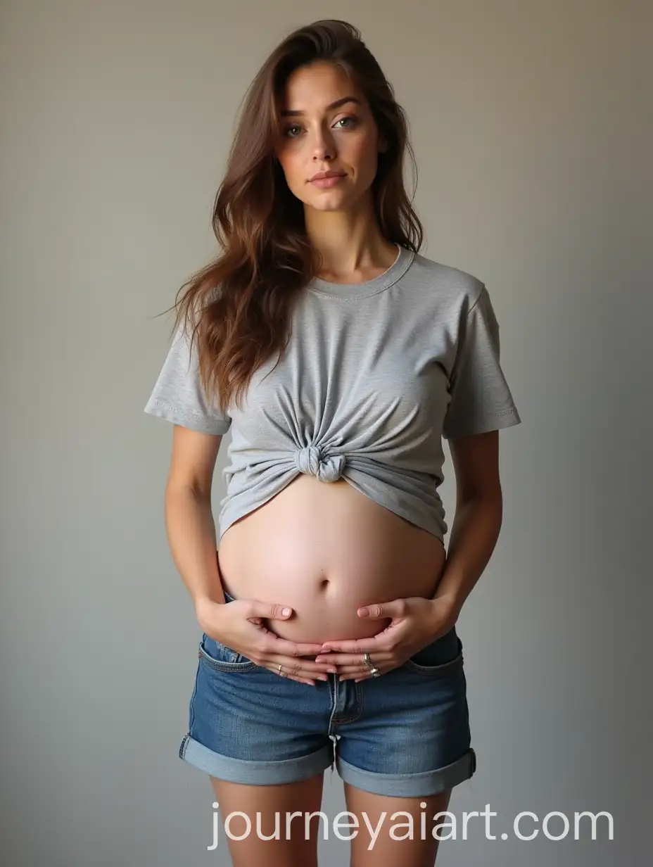 Pregnant-Russian-Woman-in-Mens-Sports-Shirt-and-Denim-Shorts
