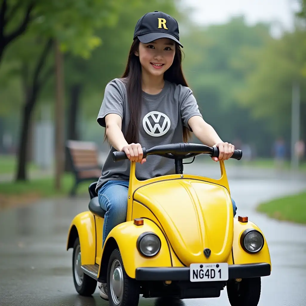 Korean-Girl-on-Yellow-and-Black-Volkswagen-Beetle-Scooter-in-a-Park