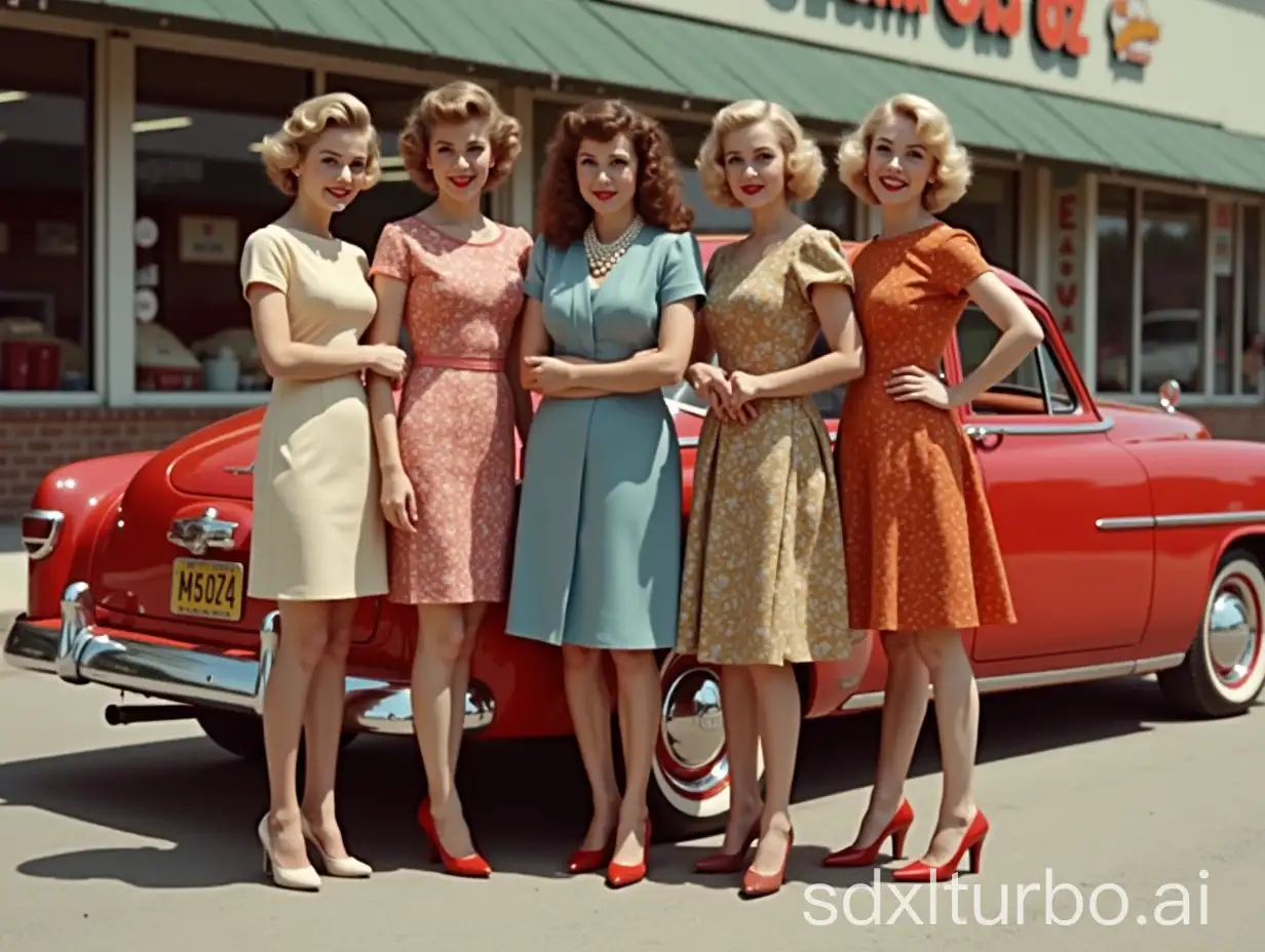 five ladies in high heels standing in front of a red car, parked at a grocery in 1950