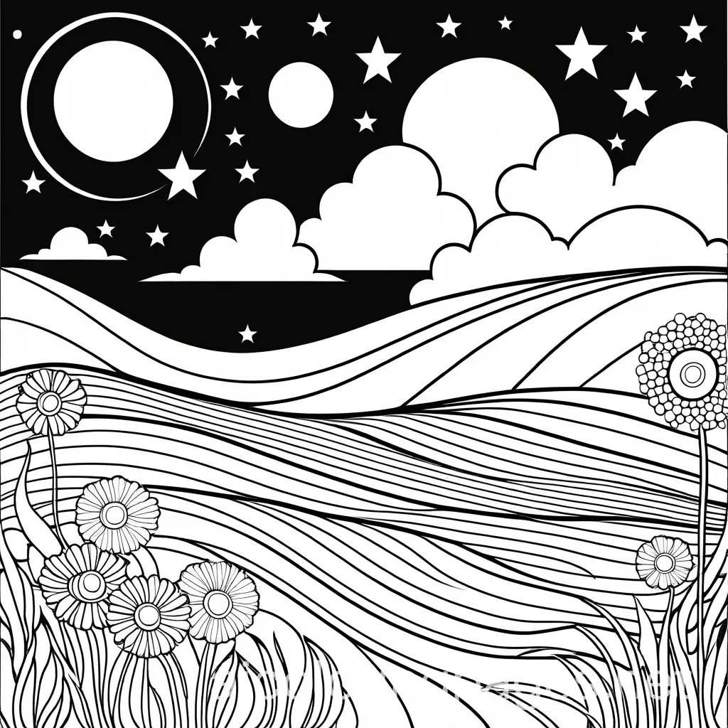 whimsical inspired by Vincent Van Gogh’s art style, Coloring Page, black and white, line art, white background, Simplicity, Ample White Space. The background of the coloring page is plain white to make it easy for young children to color within the lines. The outlines of all the subjects are easy to distinguish, making it simple for kids to color without too much difficulty