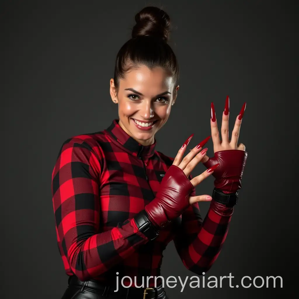Slim-Brunette-Woman-in-Fighting-Pose-with-Victory-Expression-and-RedBlack-Checkered-Shirt