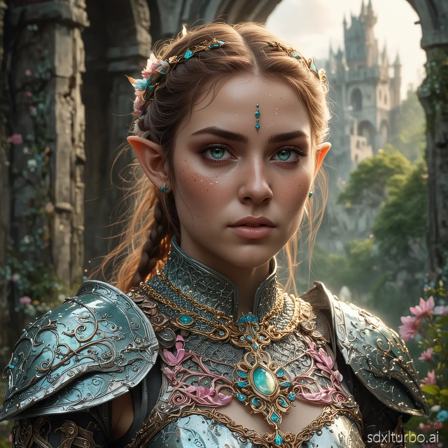 A highly detailed high fantasy portrait with a light fantasy aesthetic, featuring a fierce female elf warrior, short brown hair tied in a ponytail, striking turquoise right eye, left eye covered by a black eyepatch, missing her left ear. She has thick eyebrows, sharp feminine facial features, and freckles across her face. She wears ornate heavy plate armor in vibrant white and gold with intricate chainmail accents, accented with delicate pink and turquoise details, glowing softly with elven enchantment. She wields a massive two-handed sword engraved with glowing divine runes radiating golden and turquoise light. The background is a breathtaking, overgrown ruined castle consumed by lush vines, blooming flowers, and ethereal mist, bathed in soft pastel sunlight, creating a magical and serene atmosphere. Cinematic lighting, ultra-realistic textures, vibrant yet dreamy colors, light fantasy style inspired by fairy tales, 8k resolution.