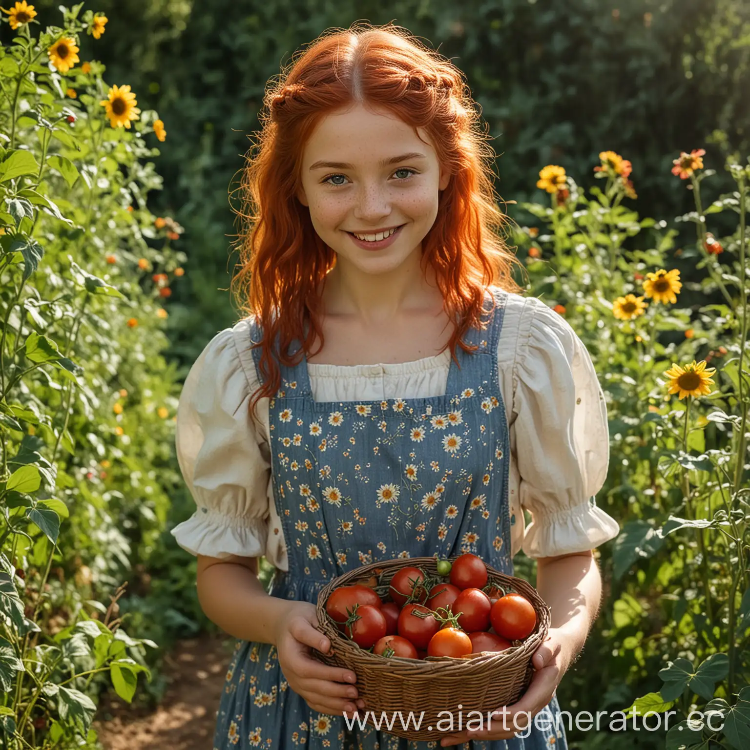 Girl-with-Bright-Red-Hair-in-Lush-Garden-Holding-Basket-of-Ripe-Berries-and-Herbs