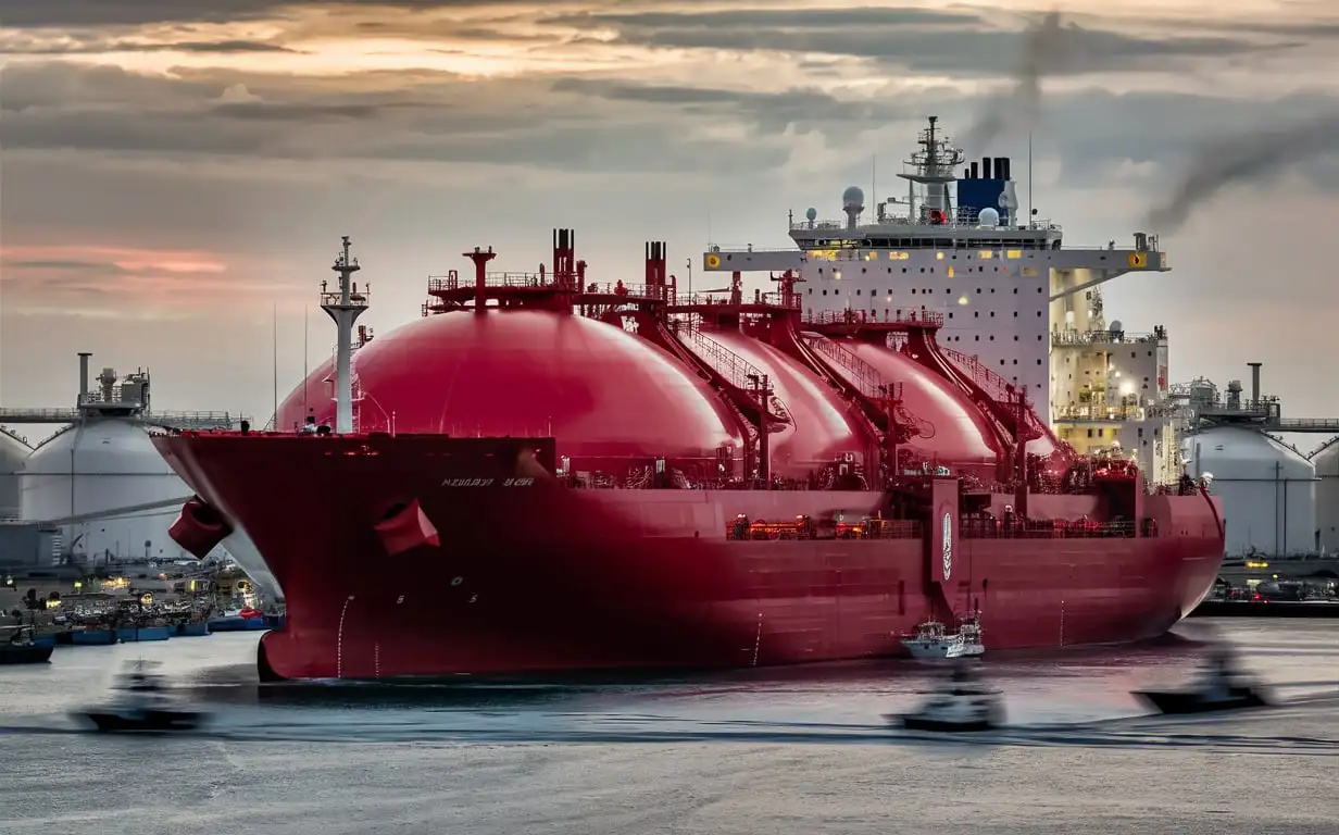 Massive LNG Gas Ship Departing Port at Evening Twilight