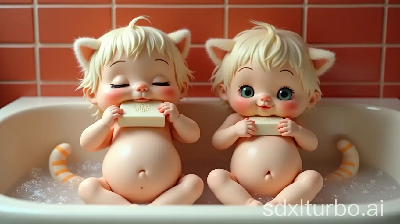 Two-Cute-Pregnant-Girls-with-Cat-Ears-and-Tails-Biting-Soap-in-Preschool-Bathtub