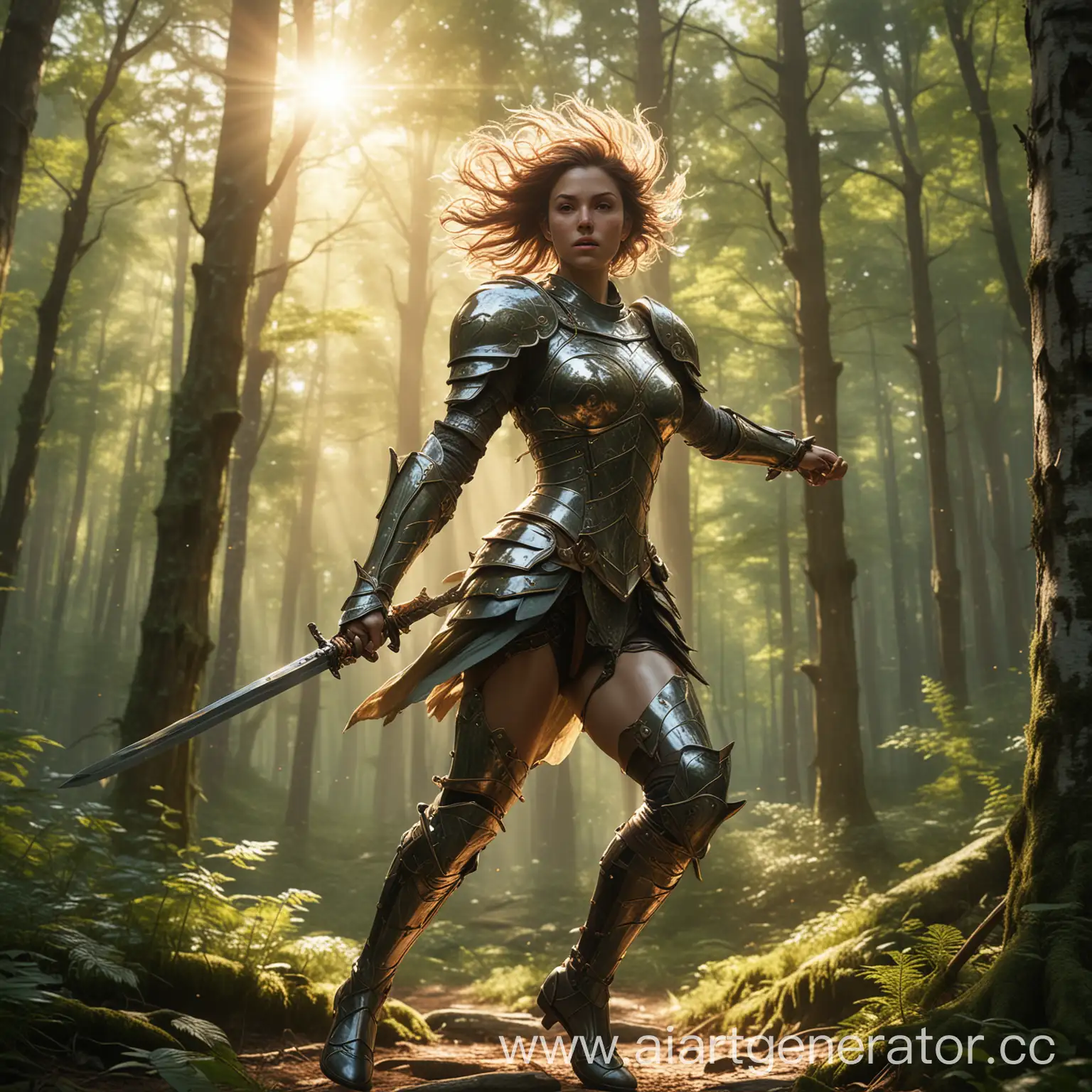 Graceful-Female-Warrior-Leaping-Through-Sunlit-Forest-with-Sword-Drawn