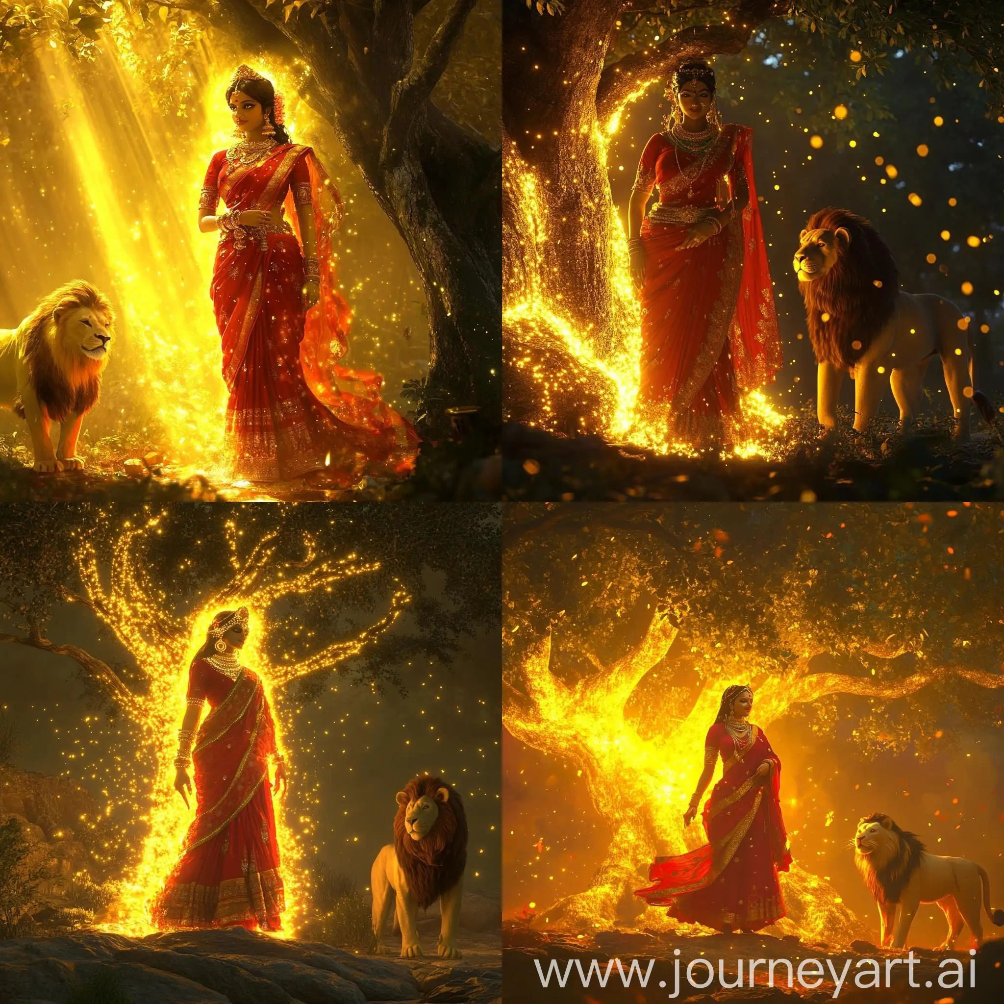 Radiant-Goddess-Durga-in-Red-Saree-Amidst-Luminous-Tree-and-Lion