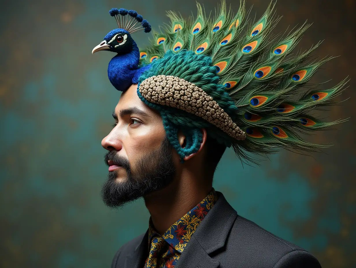 Ki fantasy a mixture man with peacock head with fashion design