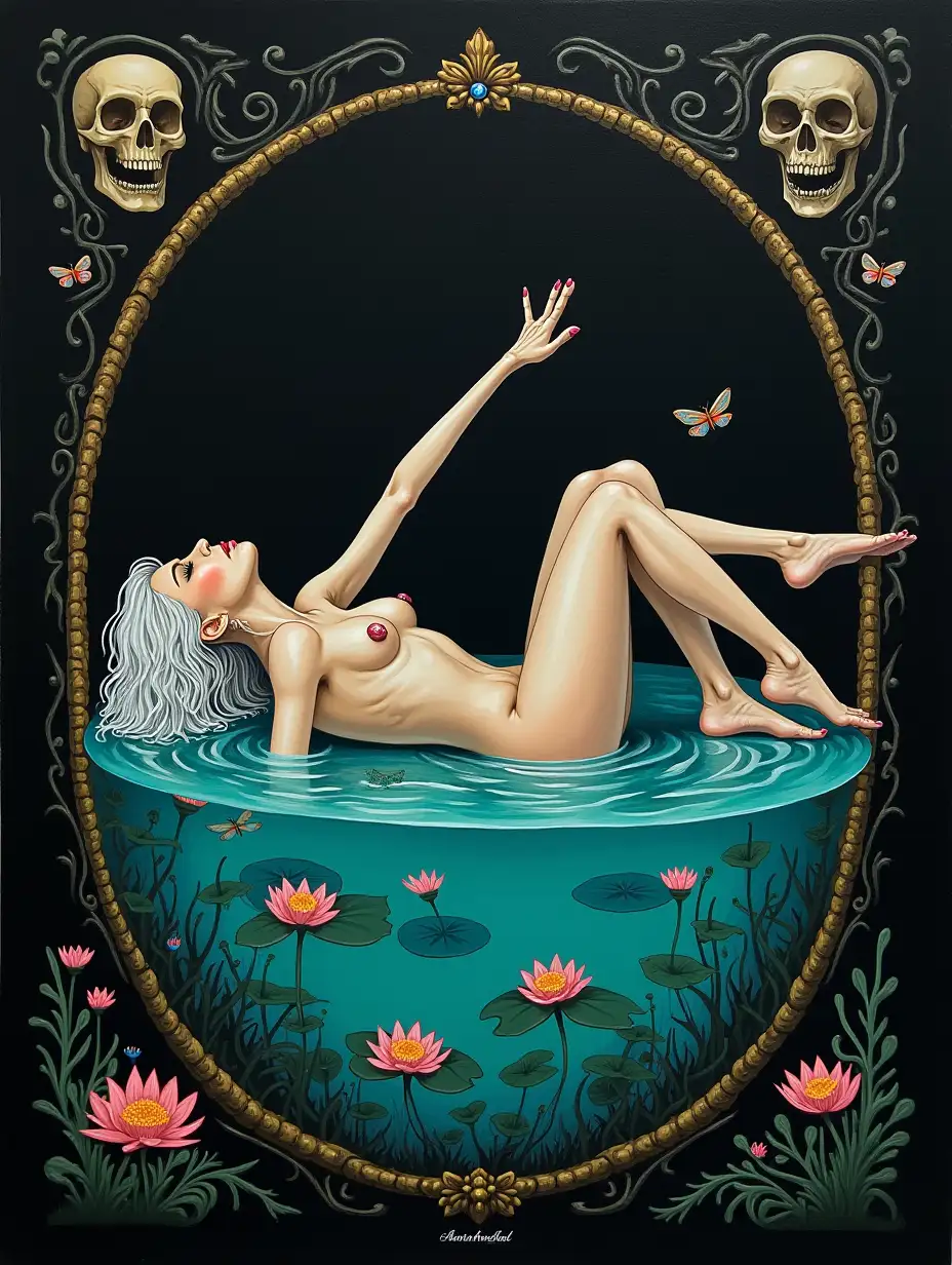 A naked figure of a very thin, pale woman lying in an intricate pose in dark tones of a black pool, an oval frame in the style of Tarot, cute horror, bones of a skeleton glowing with neon, whitish strands of hair, turquoise water, algae, sea lilies, dragonflies and butterflies. Painting, acrylic.