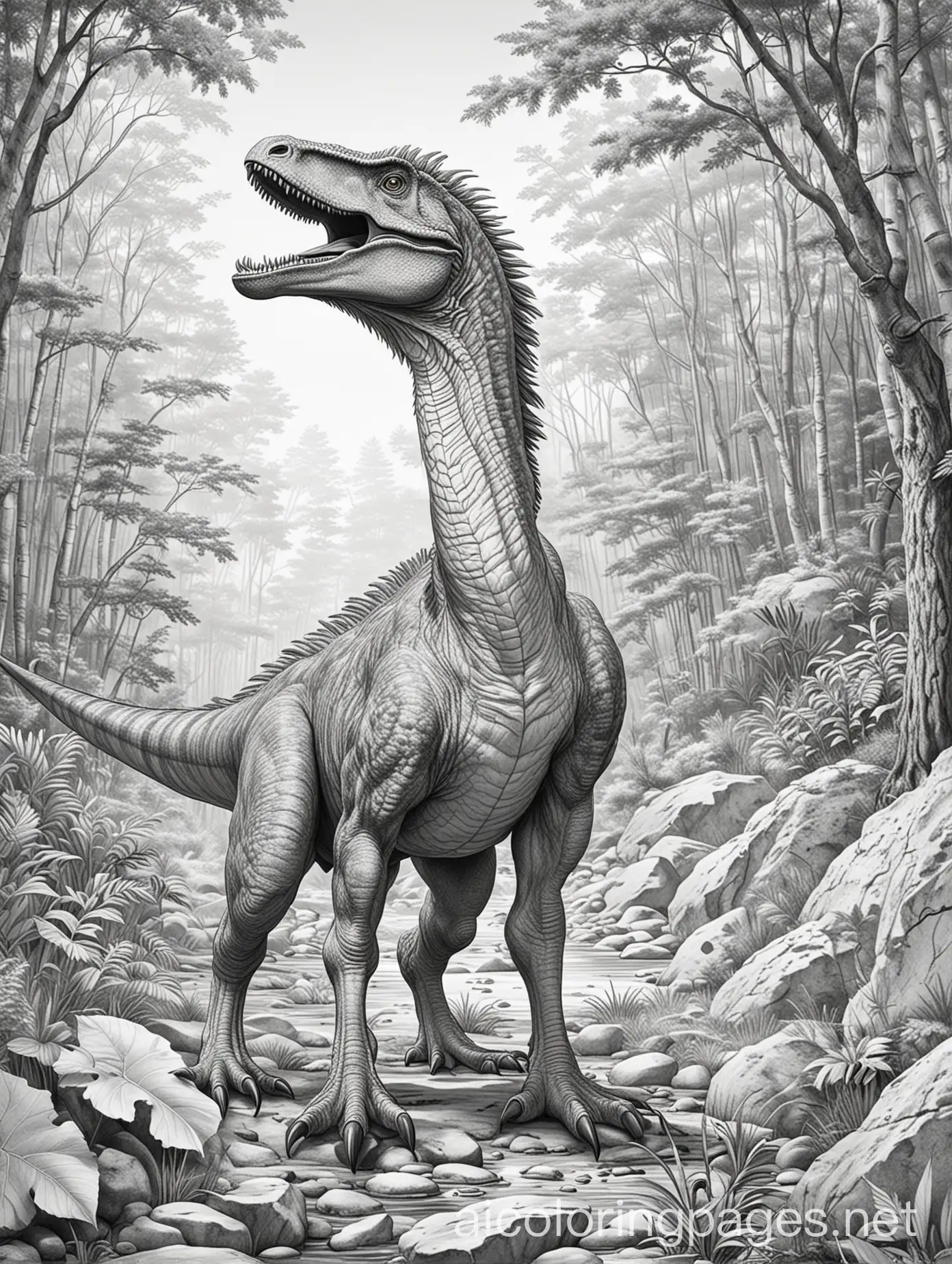 Create a coloring page of a Deinonychus in a prehistoric environment for a children's coloring book. The scene must include the following elements:nnDeinonychus: Central in the image, Deinonychus should be in a hunting or observational pose, showing its sickle-shaped claws and feathers covering its body. Highlight the details of the claws and the agile stance.nSetting: A prehistoric setting with moderate vegetation, including shrubs and small trees. Add a background with hills or a dense forest.nDetails: Include small elements like rocks, fallen leaves and perhaps other small dinosaurs or prehistoric creatures to enrich the scene.n, Coloring Page, black and white, line art, white background, Simplicity, Ample White Space. The background of the coloring page is plain white to make it easy for young children to color within the lines. The outlines of all the subjects are easy to distinguish, making it simple for kids to color without too much difficulty