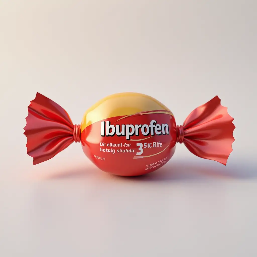 A hyper-realistic image of a single candy wrapped in colorful, shiny packaging. The candy is shaped like a traditional sweet, with a smooth, glossy surface. The wrap, however, features the logo of Ibuprofen, subtly integrated into the design, with the text clearly visible and styled in a playful yet medical font. The color of the wrap matches the typical hues seen in over-the-counter medicine packaging, blending pharmaceutical and candy aesthetics. The candy is perfectly centered with soft, detailed lighting to highlight the texture of the wrap and the candy itself, set against a neutral background to ensure focus remains on the object.