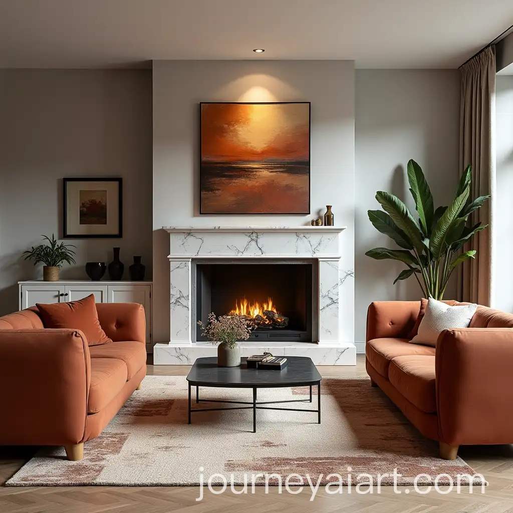 Modern-Living-Room-with-Marble-Fireplace-and-Teracotta-Couches