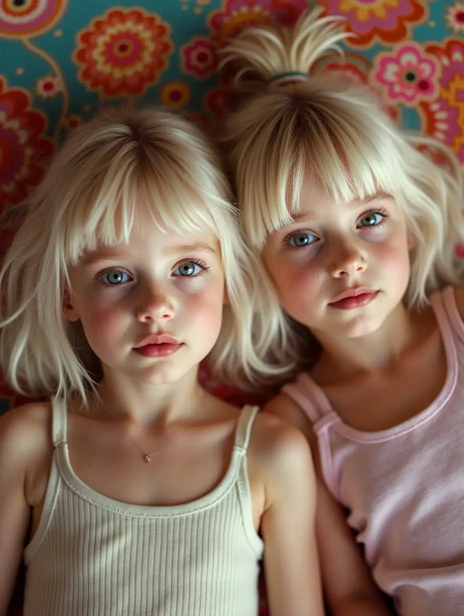 Two-Preteen-Girls-with-Bleach-Blonde-Hair-Lying-Down-on-Psychedelic-Background