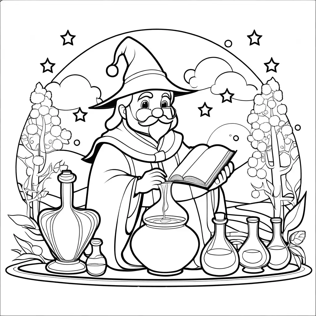 cute old mage preparing magical potions, Coloring Page, black and white, line art, white background, Simplicity. The background of the coloring page is plain white to make it easy for young children to color within the lines. The outlines of all the subjects are easy to distinguish, making it simple for kids to color without too much difficulty. With a white banner of 2 cm at the bottom., Coloring Page, black and white, line art, white background, Simplicity, Ample White Space. The background of the coloring page is plain white to make it easy for young children to color within the lines. The outlines of all the subjects are easy to distinguish, making it simple for kids to color without too much difficulty