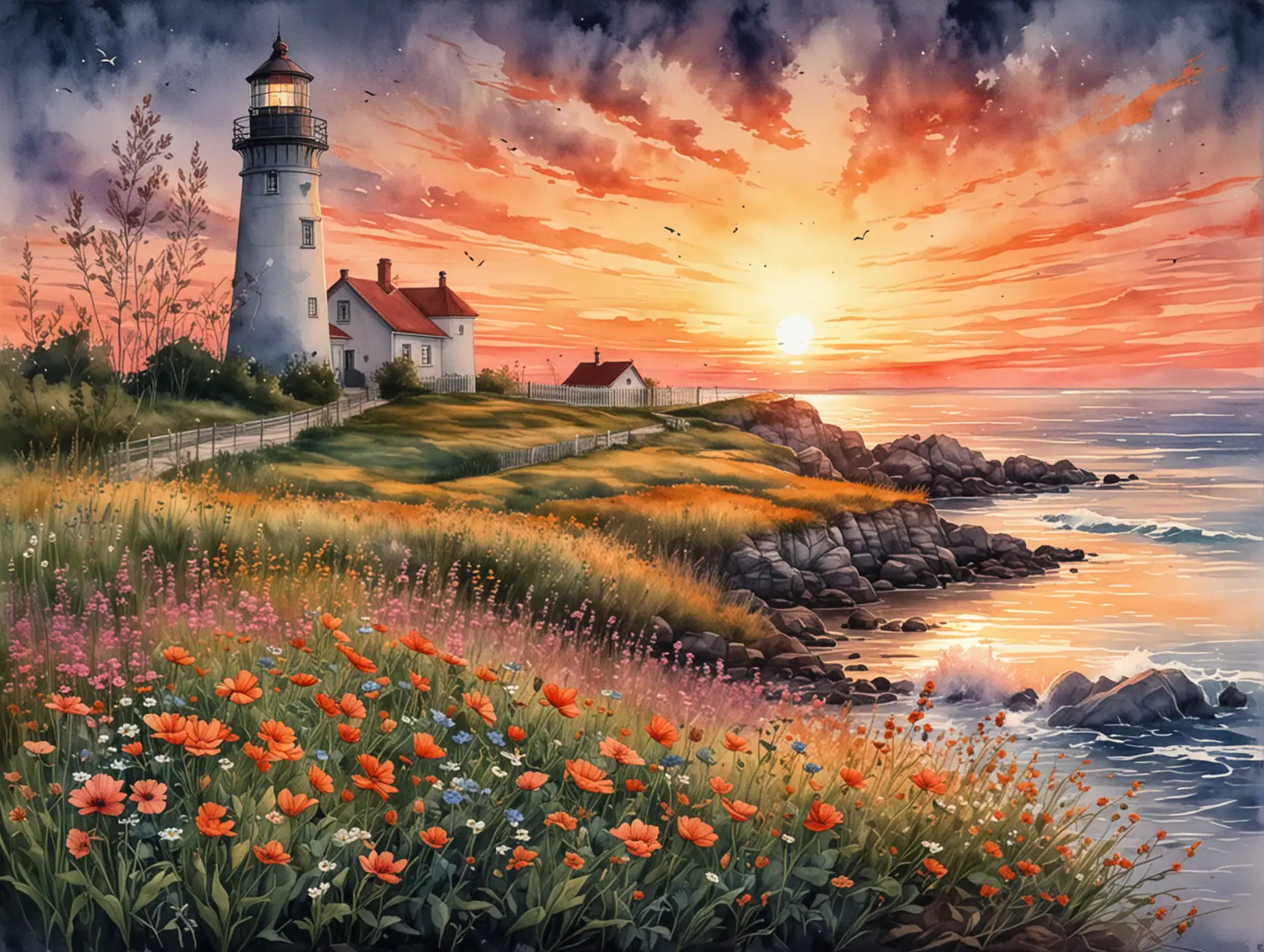 Floral-Field-and-Lighthouse-at-Sunset-in-Watercolor