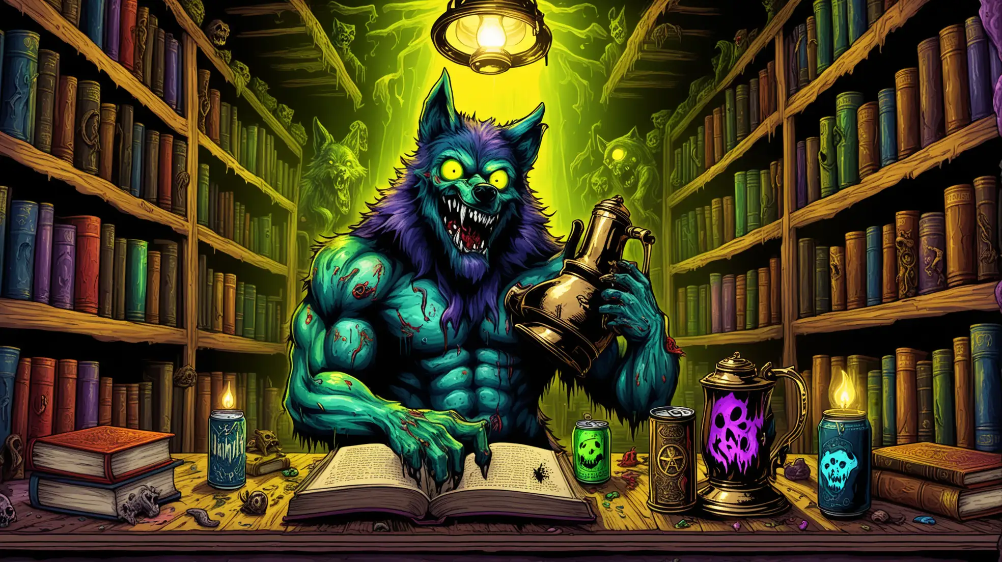 Muscular-ZombieWolf-with-Rainbow-Fur-and-NecronomiconInspired-Lamp-in-an-Underground-Comic-Style