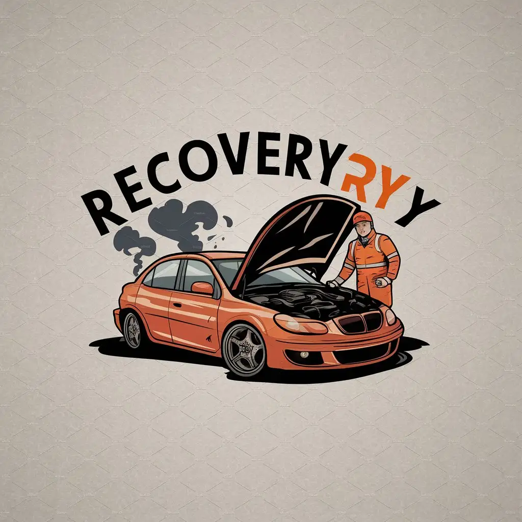 LOGO Design For RecoveryRyy Bright and Colorful Automotive Theme with Broken Down Car and Mechanic