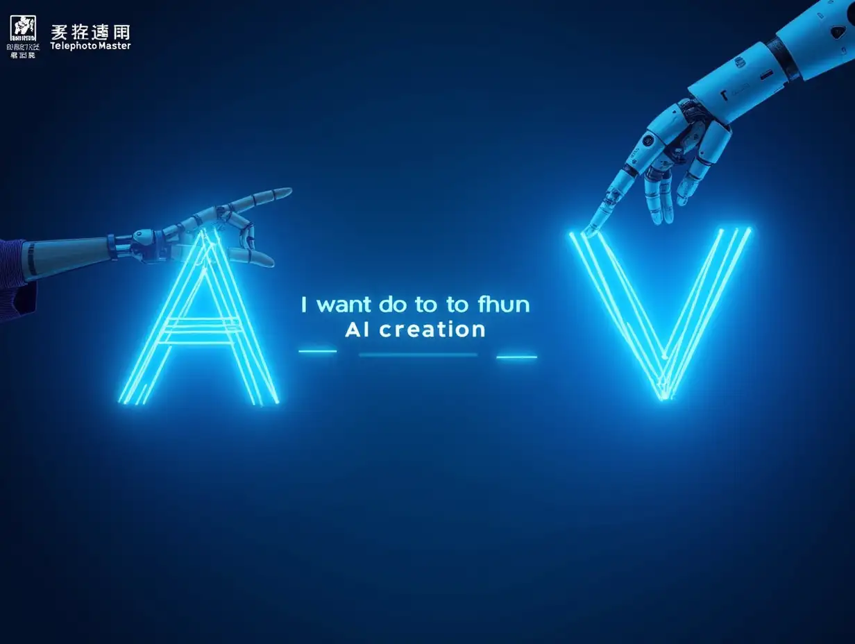 The words 'I want to go to town in AI creation' on the left side of an A are written in a holographic font, with one hand pointing at it and another robot's finger holding that word from above. The background is blue, with a digital technology style and a futuristic feeling. The right side has the letter V made by light blue neon lines. On top, there's the logo for 'China Telephoto Master'. At the bottom, below all these, is the company name 'Exquisite'. --ar 128:81