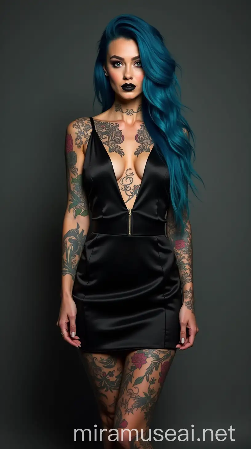 Photorealistic Woman with Long Blue Hair and Colorful Tattoos in Cocktail Dress