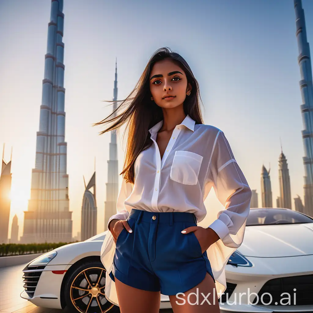 create full body (head to toe) 18 year old, blue eye, fair complex, athletic Latino female. ( dressed in a , blue shorts- white flowing shirt standing at the base of the Burj Khalifa, with luxury cars in the background and a golden hour skyline casting long shadows over the city)