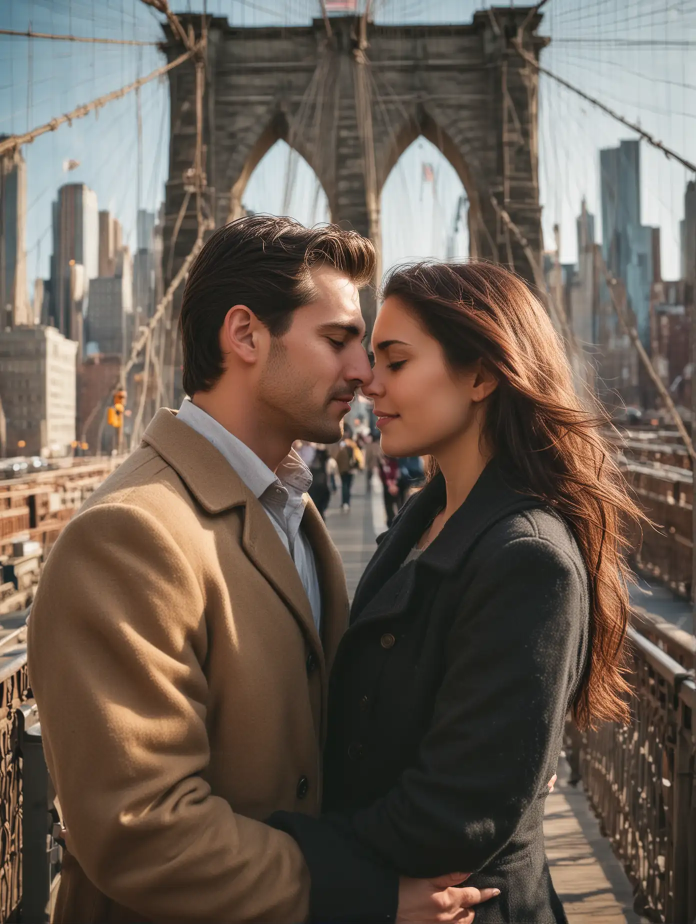 Romantic-Couple-Embracing-in-Front-of-Brooklyn-Bridge