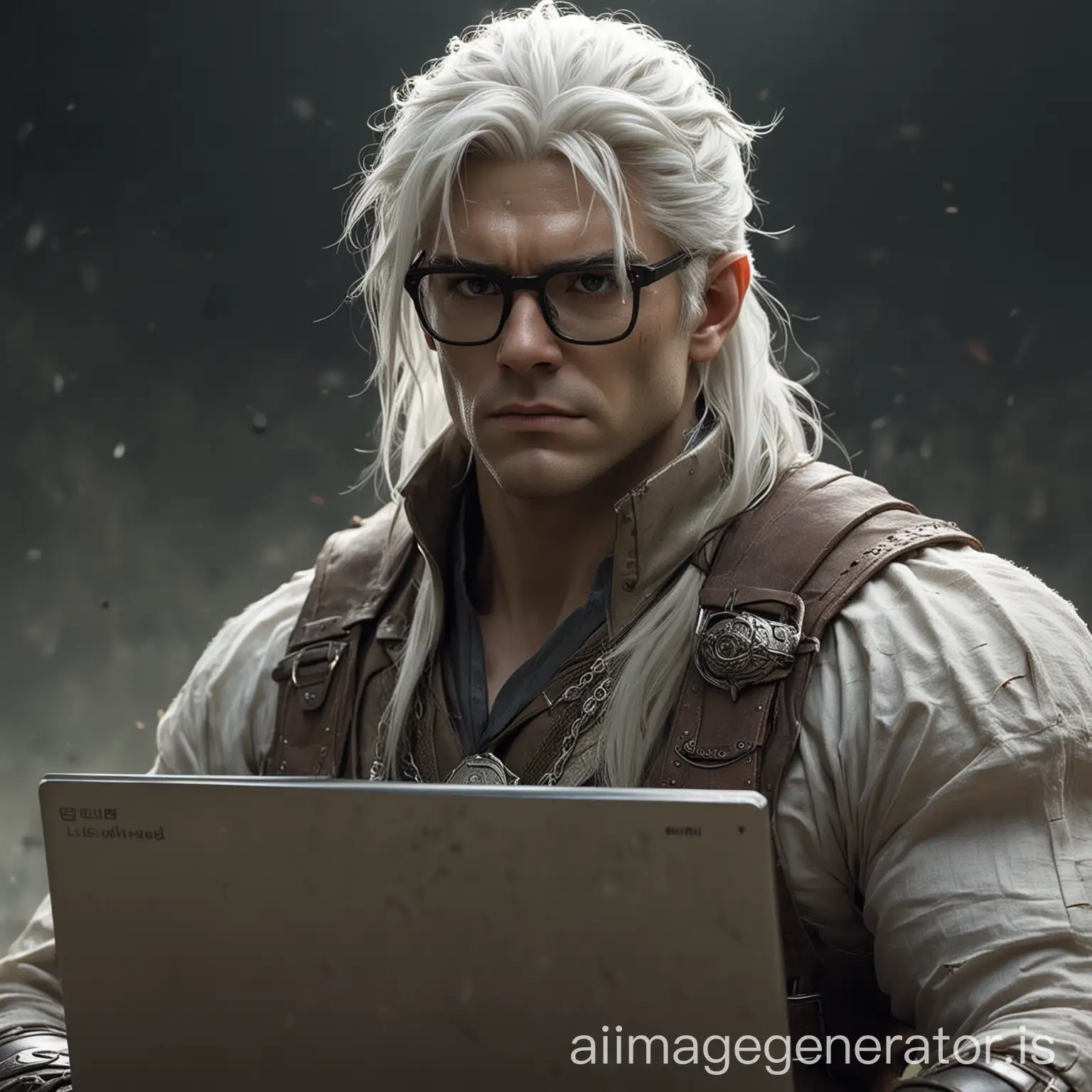 The surrounding is dimly lit, as if on a battlefield, with a robust otherworldly creature wearing half-frame glasses, muscular build, and resolute gaze, holding a laptop under white hair and handsome features.