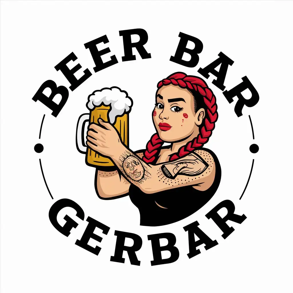 a vector logo design,with the text "Beer bar GERBAR", main symbol:A large girl with tattoos and red braids is holding a mug of foamy beer,complex,be used in beer bar industry,clear background