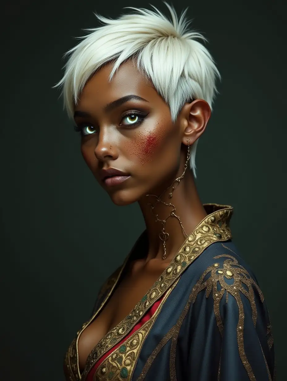 A medium-dark olive-skinned woman with gold freckles, a stark white pixie cut, glowing solid white eyes, and a robe that looks like a stained glass window. She has a thick, jagged scar going horizontally all the way around her neck as if she was once beheaded.