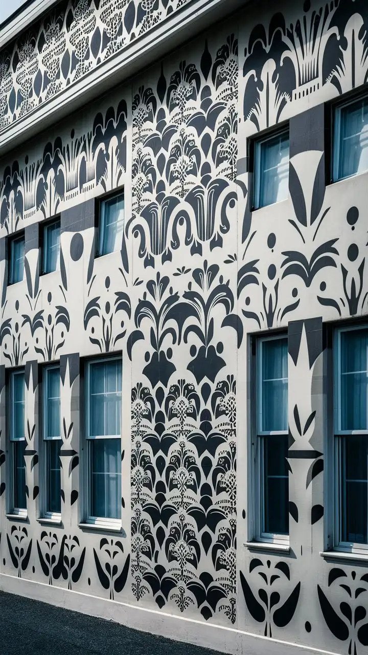 House-Exterior-with-Geometric-Stencil-Pattern-Mural-and-Floral-Motifs