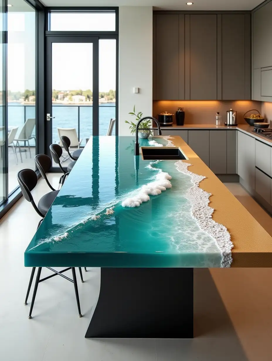 Design a luxurious, contemporary kitchen centered around a live-edge epoxy resin island showcasing a frozen beach scene. The island’s surface merges golden sand textures with 3D turquoise resin waves mid-crash, featuring frothy whitecaps and crushed mother-of-pearl for shimmer. The base is a sleek, matte-black metal frame with angular geometry, contrasting the organic resin design. Surround the island with minimalist, handleless cabinetry in warm taupe tones and a polished quartz backsplash in soft gray. Enhance modernity with: Integrated smart appliances (induction cooktop, hidden ventilation) Recessed LED lighting under the island to illuminate the waves Monochromatic bar stools with metallic accents Floor-to-ceiling windows offering natural light, reflecting the epoxy’s oceanic depth Keep the space uncluttered—no text or decor beyond functional elegance. The epoxy table acts as both a workspace and art piece, blending coastal serenity with urban sophistication.