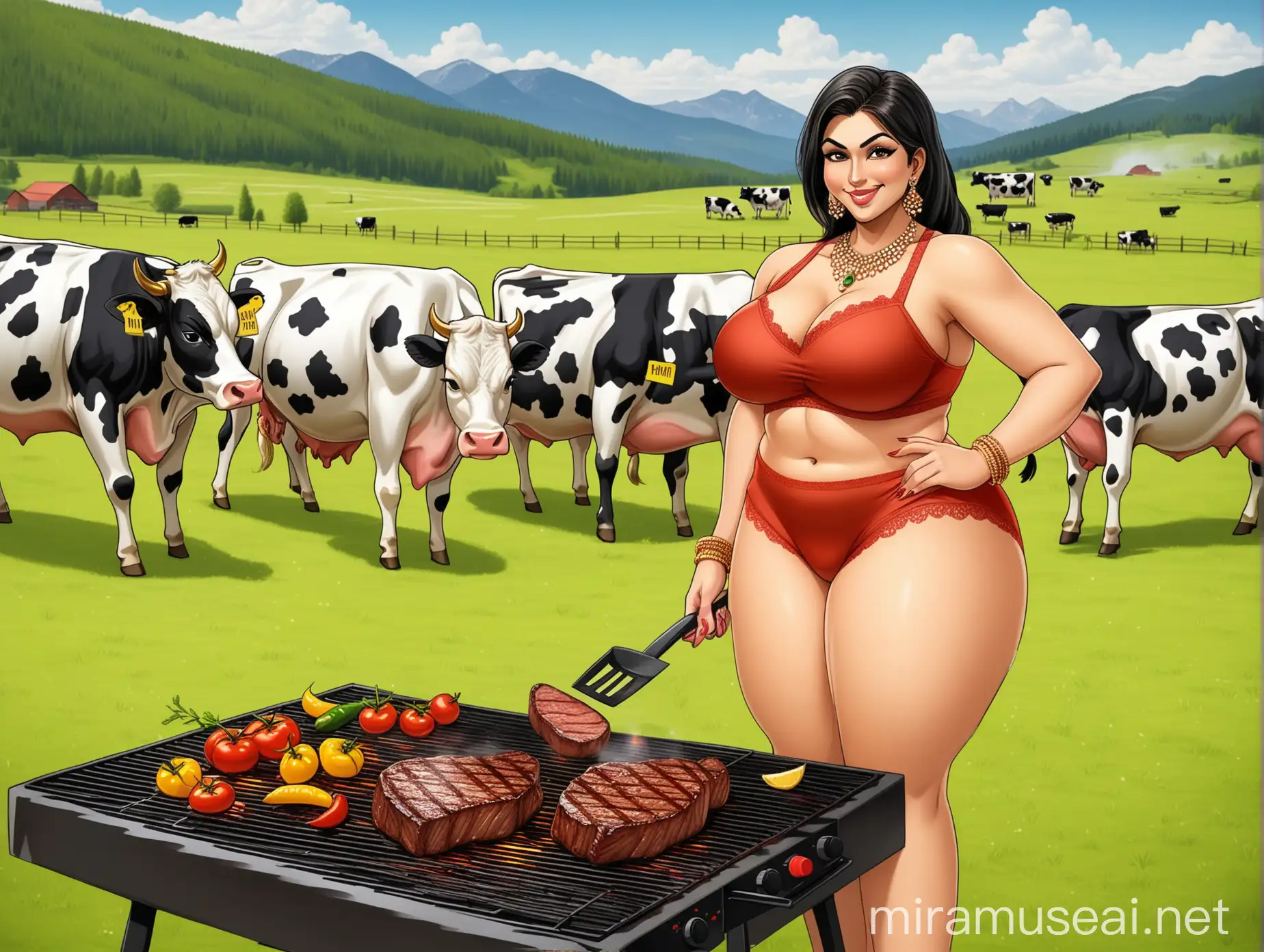 Indian Woman Cooking Steak on Farm with Cows Grazing