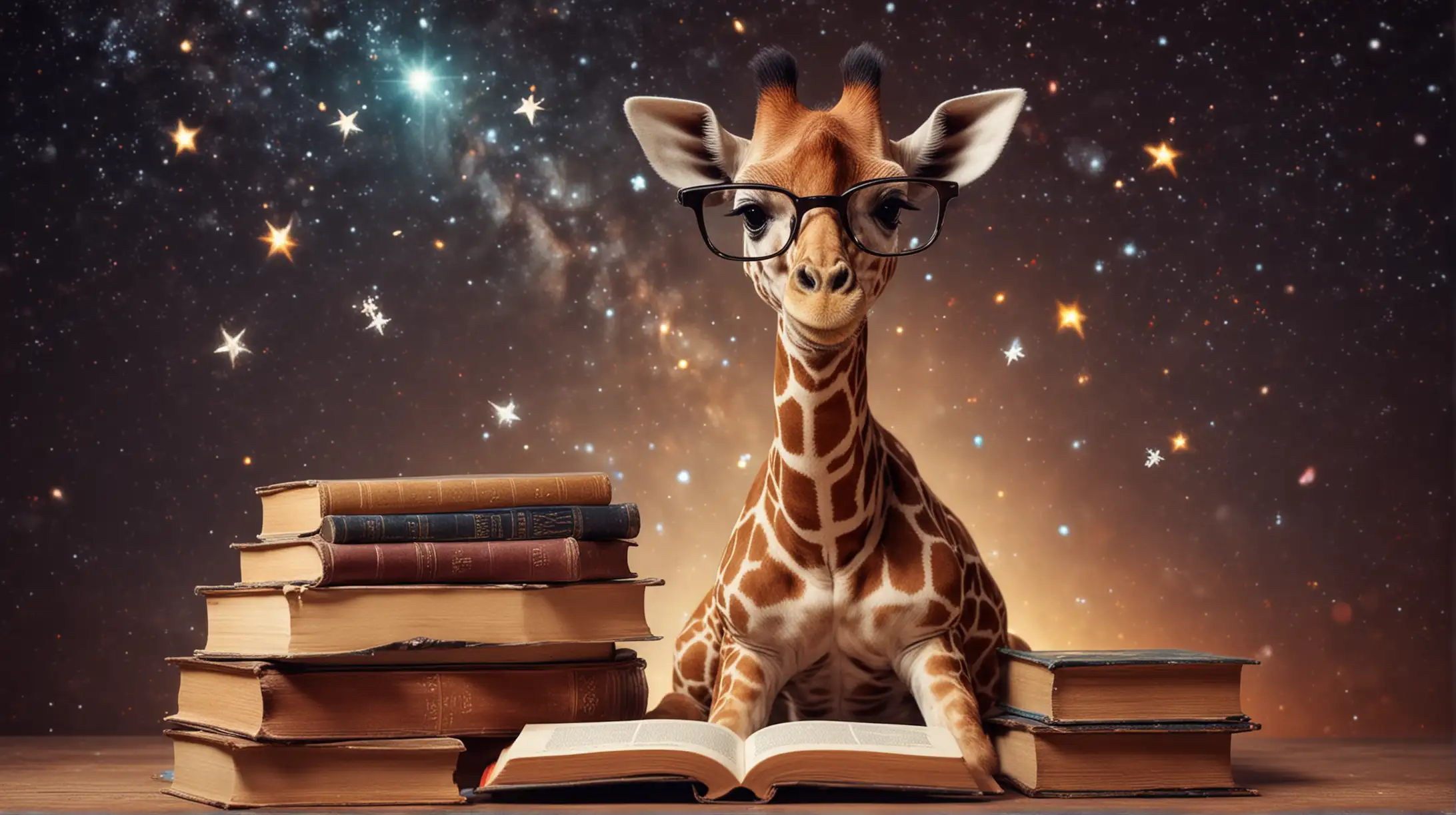 Baby Giraffe with Glasses and Books in Space