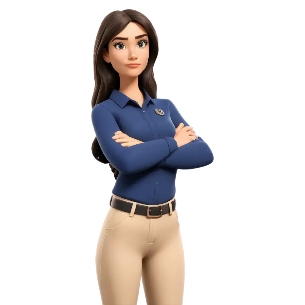 Emergency-Instructor-PNG-Image-Animated-Woman-with-Crossed-Arms-in-Navy-Blue-Shirt-and-Beige-Pants