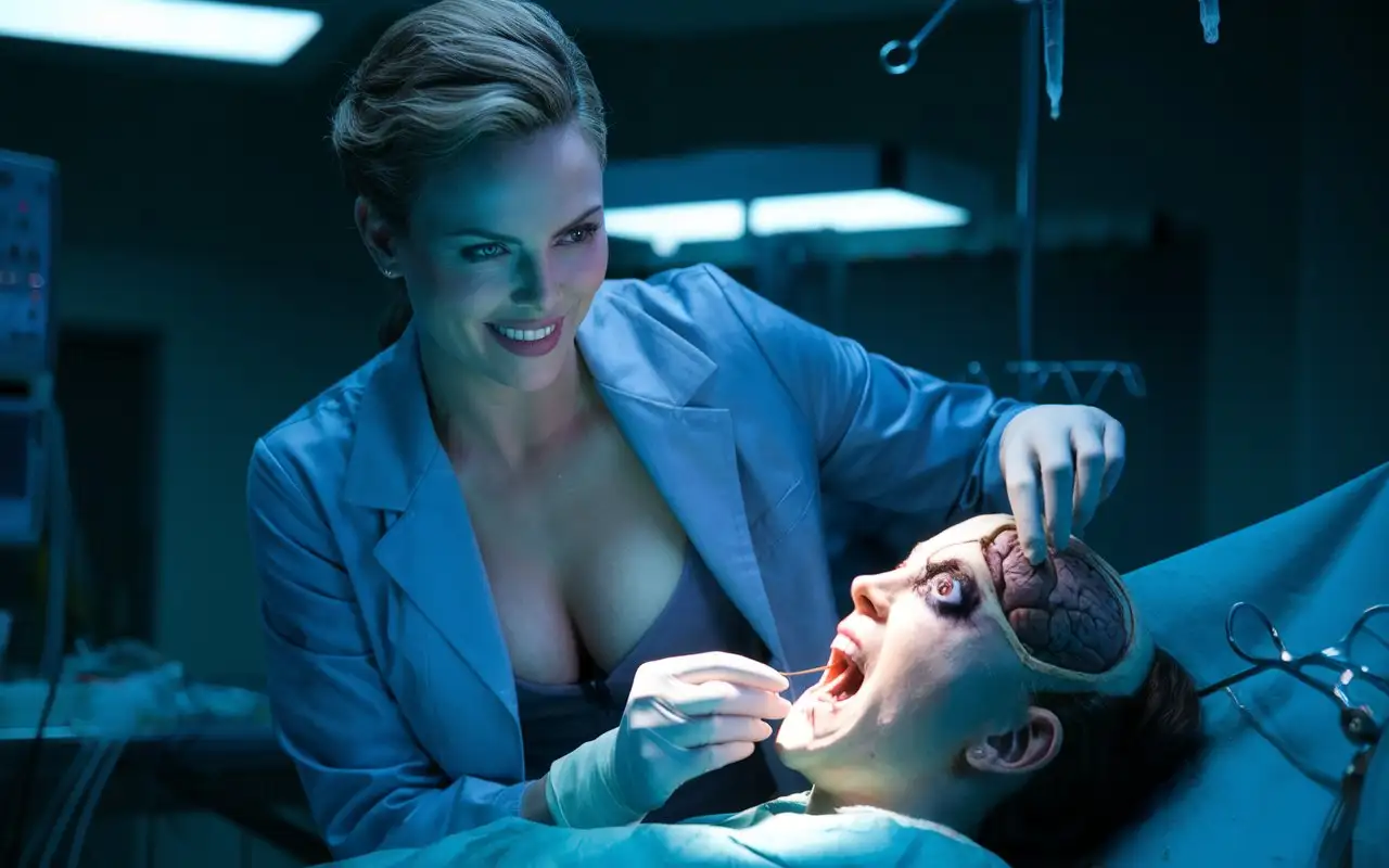 Evil crazy smile surgeon Charlize Theron in  lab coat with deep neckline performs surgery on a screaming patient, skull opening, brain exposed, pulls out an eyeball, photo, cinematic, 4k