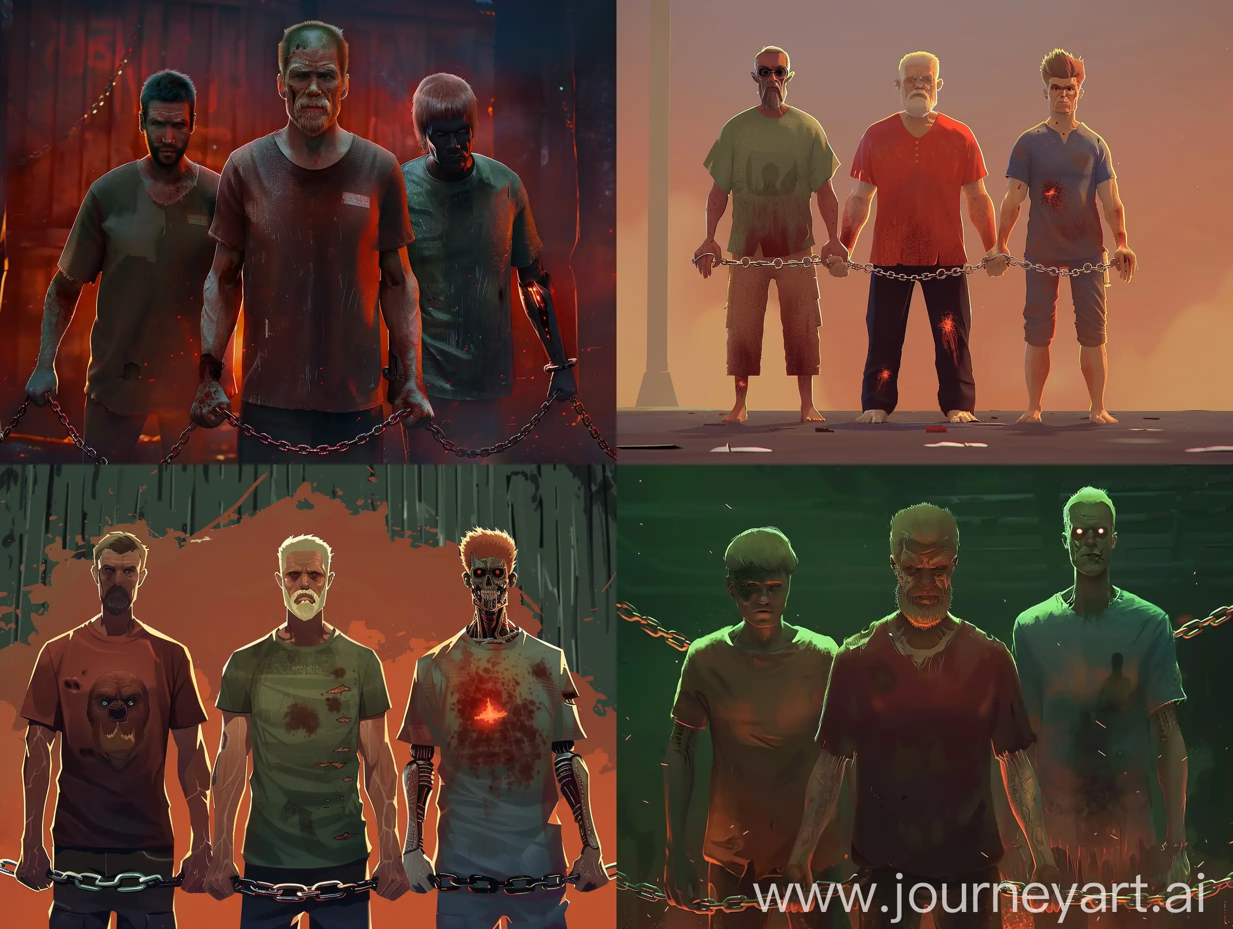 Three-Male-Characters-Bound-by-Chains-in-Torn-TShirts