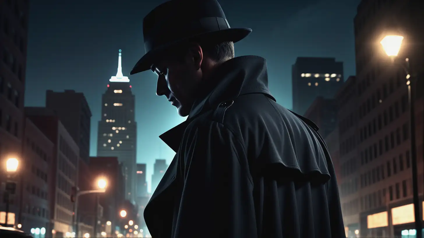 Silhouetted Detective in a Downtown City at Night