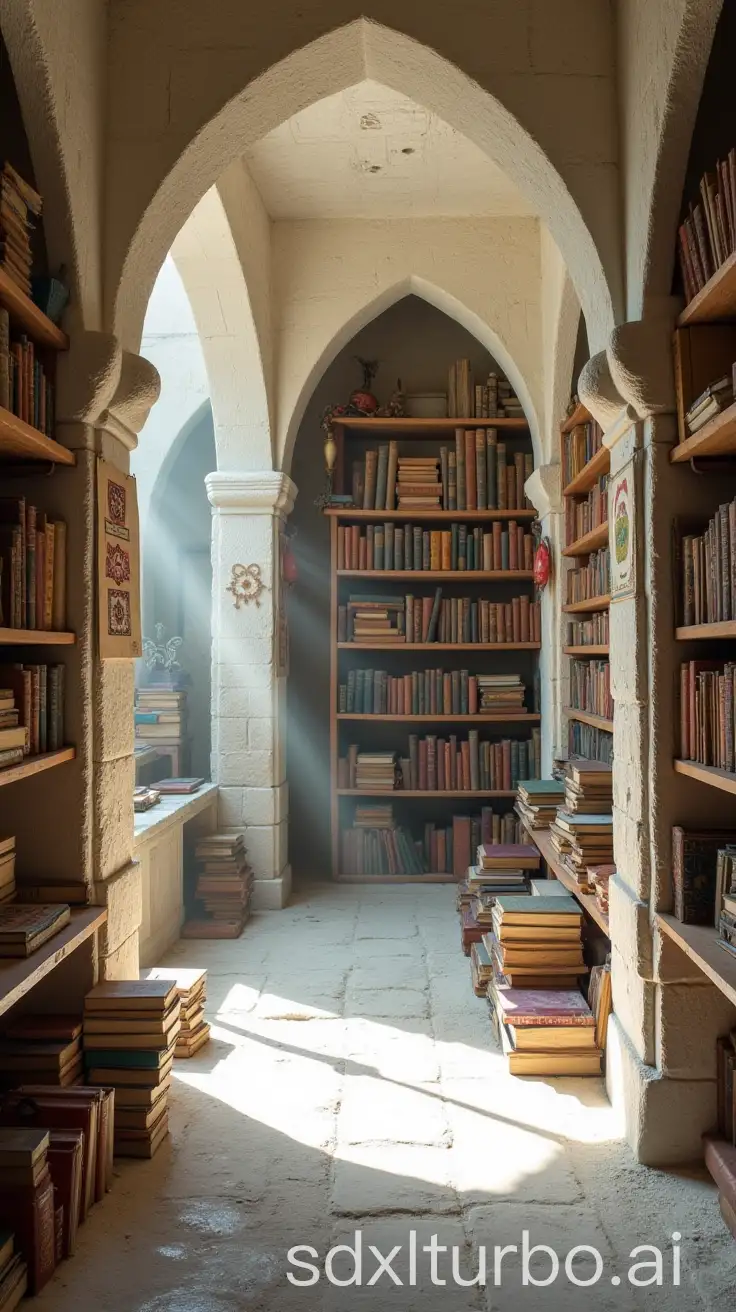 Alien-Bookshop-with-Carved-White-Stone-Walls-and-Magical-Symbols