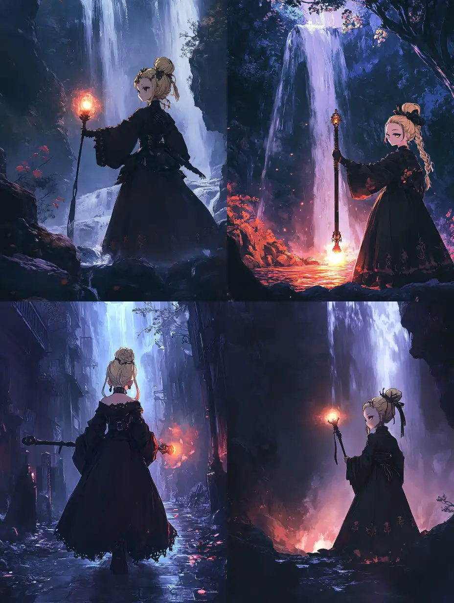 Gothic-Female-Wizard-Casting-Spell-at-Waterfall-with-Glowing-Staff