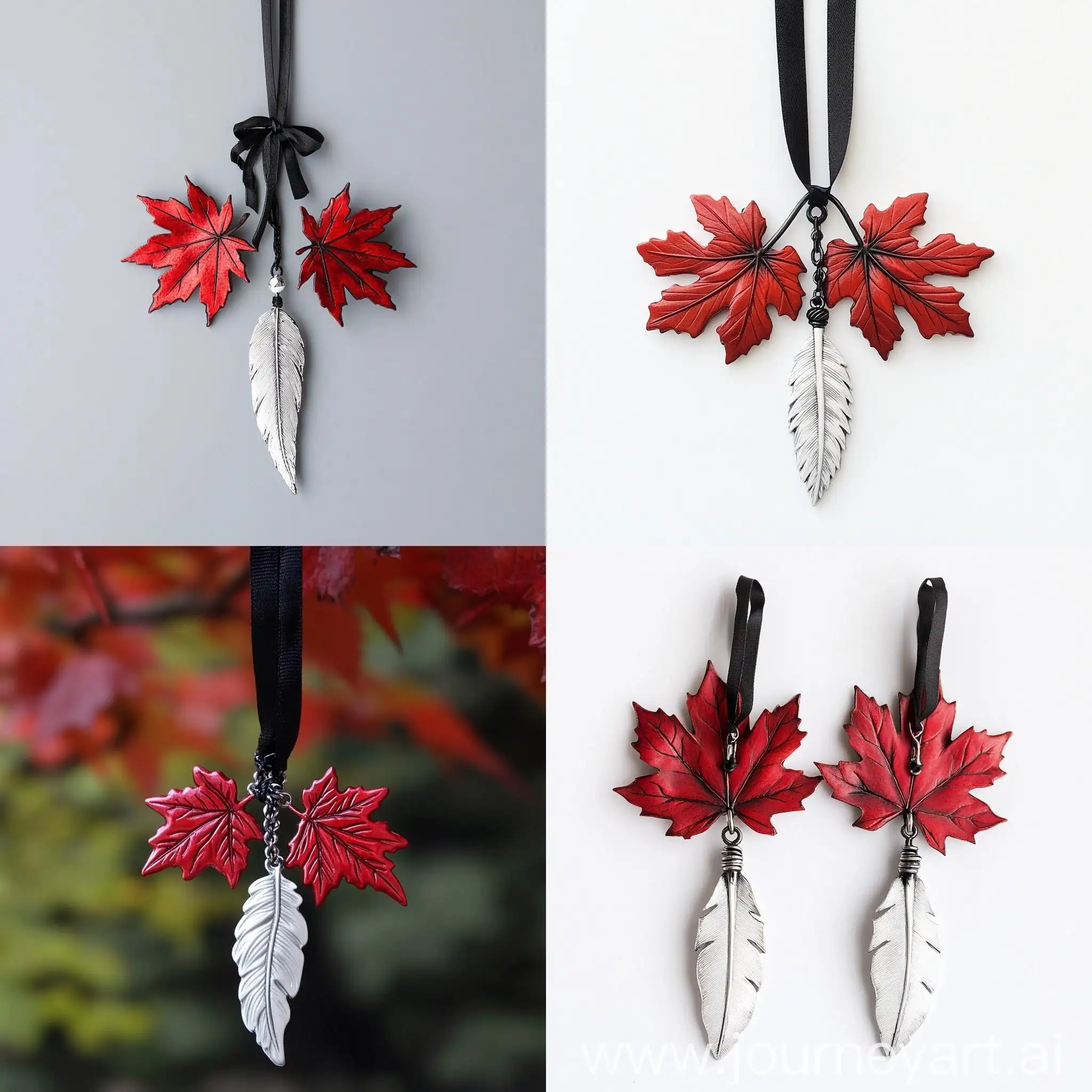 Charming-Red-Maple-Leaves-and-Metal-Feather-Charm-with-Black-Ribbons