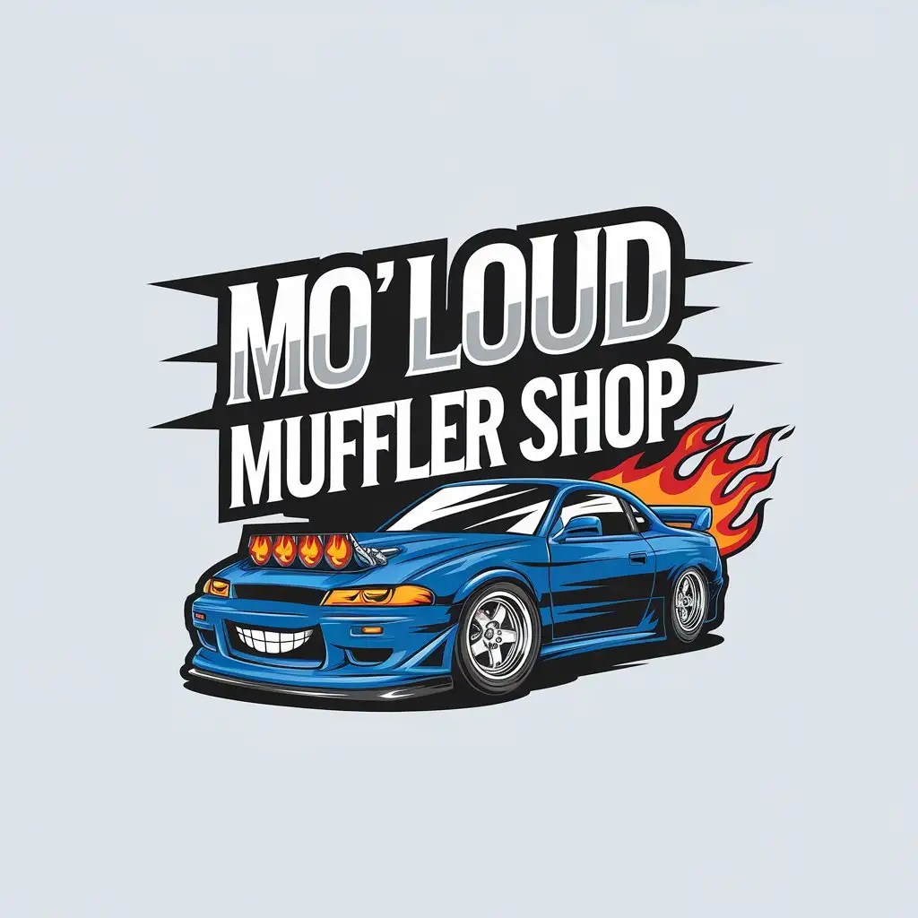 LOGO Design for Mo Loud Muffler Shop Drift Car with Flames and Evil Smile Theme