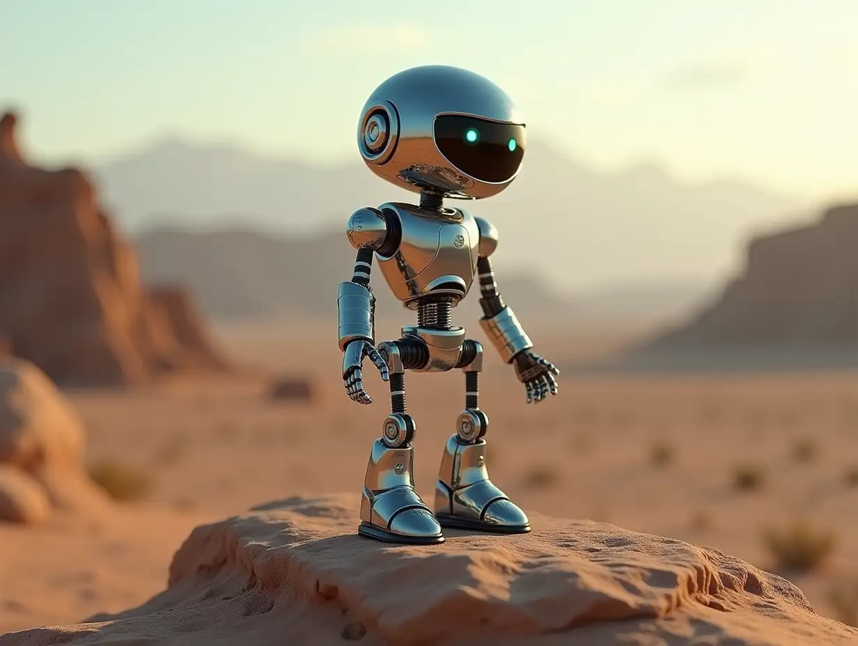 Create a high-resolution, realistic image of the artificial intelligence Robert with robot legs and metal and glass feet, and a head with gears, light wave guides, LEDs in the desert on a rock. Lighting in 4K resolution.