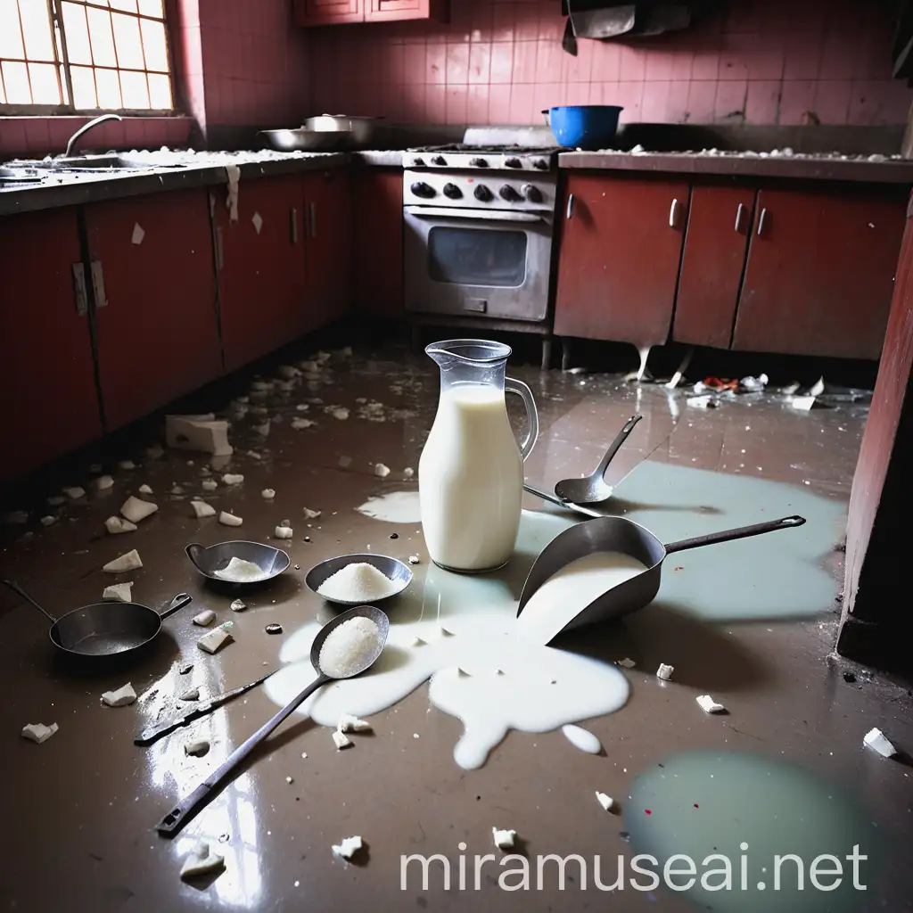 Indian Kitchen Scene with Spilled Milk and Utensils on Floor