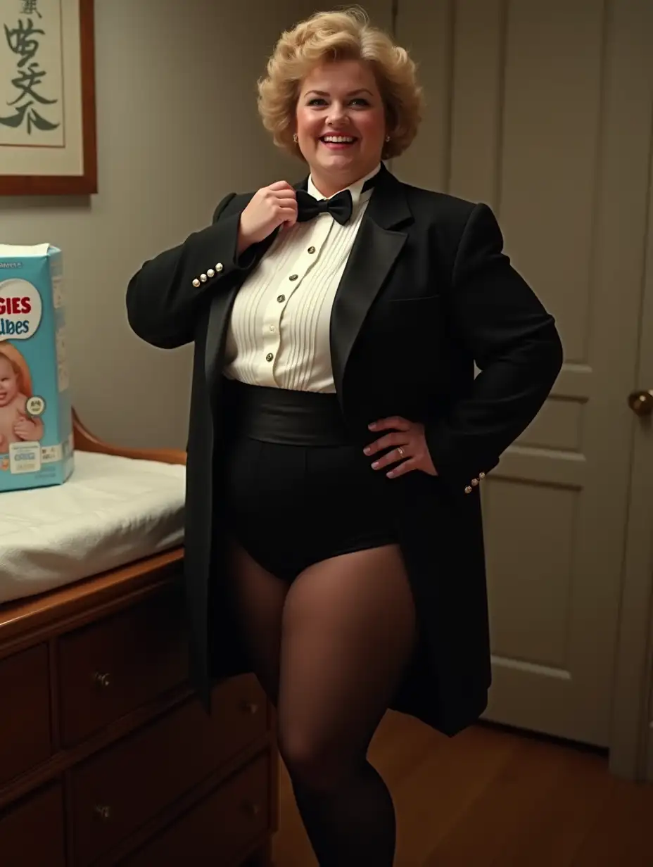 Caucasian-Woman-in-Formal-Orchestra-Tuxedo-with-Huggies-Diapers-in-Nursery