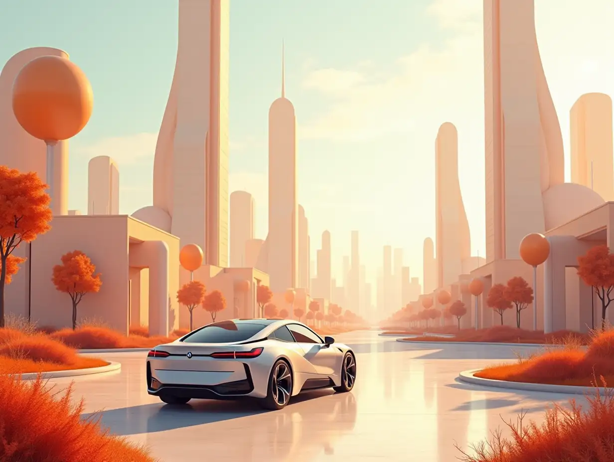 Futuristic Cityscape with Round Skyscrapers and SelfDriving Car