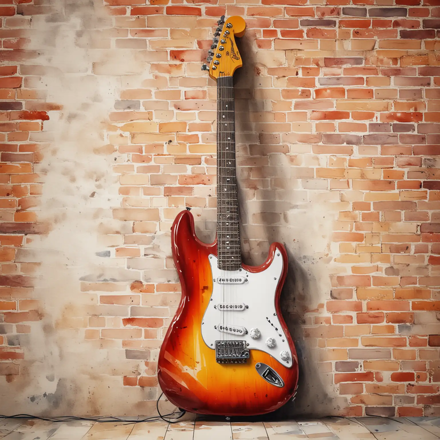 Electric Guitar in Watercolor with Brick Wall Background