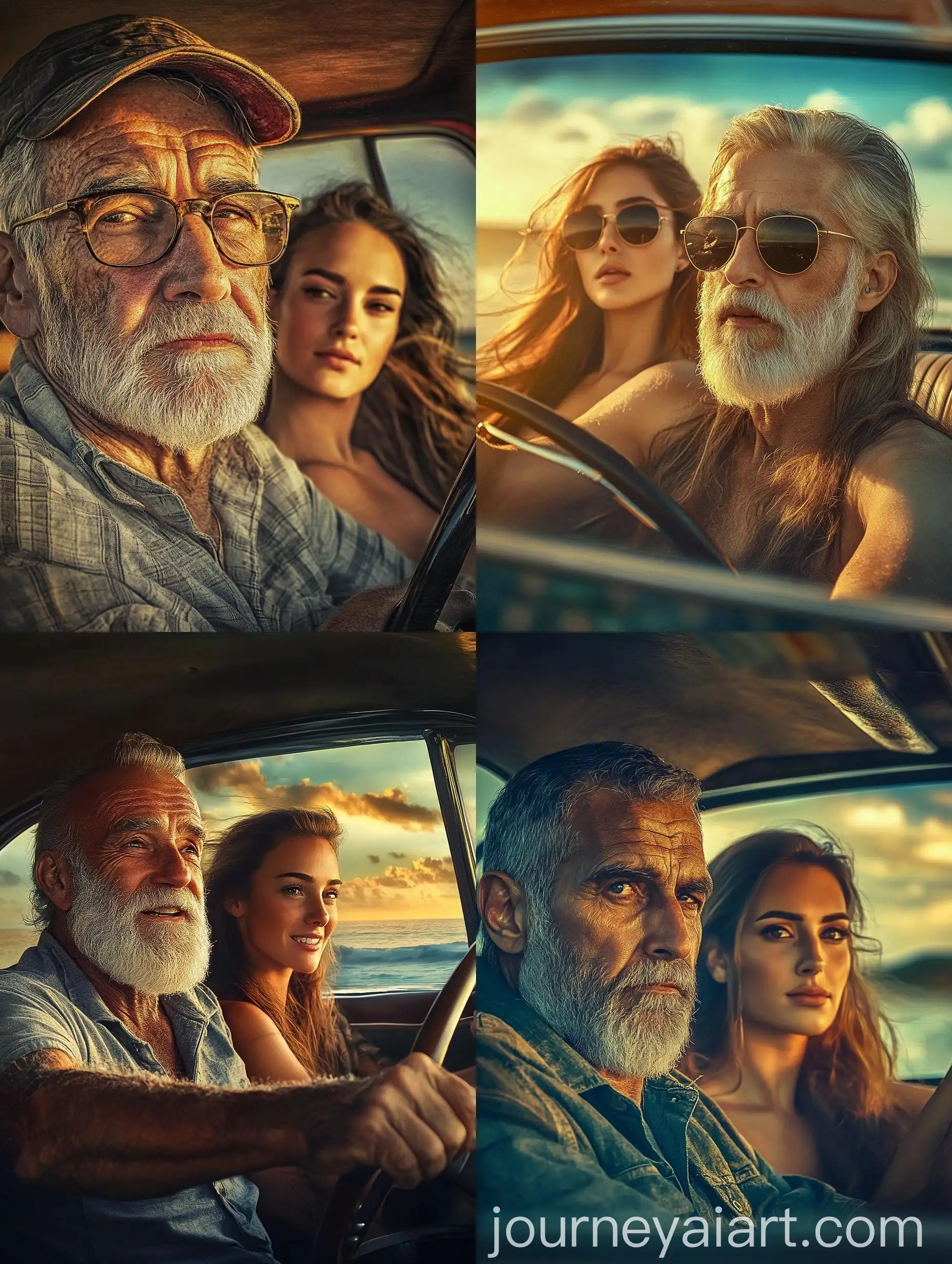 Elderly-Man-and-Woman-Enjoying-Sunset-Beach-Drive-in-Vintage-Car