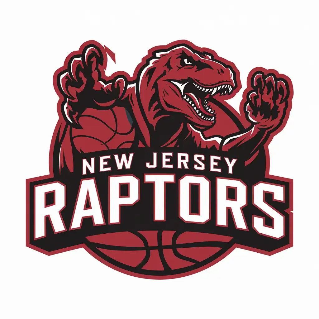 LOGO Design for New Jersey Raptors Red Black with 3D Raptor Dinosaur Basketball and Claws Theme